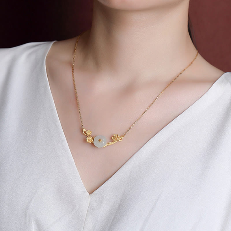 Buddha Stones, Plata de Ley 925 chapada en oro, Jade hetiano, flor de ciruelo, collar de la suerte, colgante, pulsera, anillo - image 5