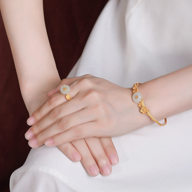 Buddha Stones, Plata de Ley 925 chapada en oro, Jade hetiano, flor de ciruelo, collar de la suerte, colgante, pulsera, anillo - image 15