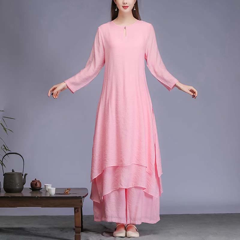 Buddha Stones 2 uds vestido Midi de Color sólido pantalones de pierna ancha meditación espiritual Zen práctica Yoga danza ropa - 2 piezas rosa (vestido y pantalón) - US12, UK/AU16, EU44 (2XL)  - image 12