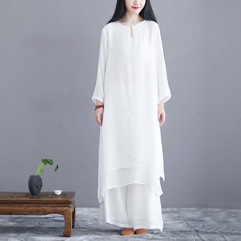 Buddha Stones 2 uds vestido Midi de Color sólido pantalones de pierna ancha meditación espiritual Zen práctica Yoga danza ropa - 2 piezas blancas (vestido y pantalón) - US12, UK/AU16, EU44 (2XL)  - image 0