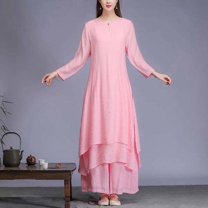 Buddha Stones 2 uds vestido Midi de Color sólido pantalones de pierna ancha meditación espiritual Zen práctica Yoga danza ropa - Conjunto de 2 piezas rosa (vestido y pantalón) - US12, UK/AU16, EU44 (2XL)  - image 12