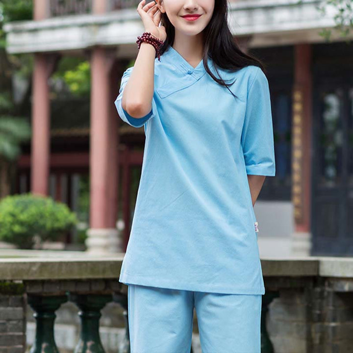 Buddha Stones 2 uds media manga cuello en V camisa Top pantalones meditación Zen Tai Chi ropa de lino conjunto de mujer - Azul (Top y pantalones) - US8-10，UK/AU12-14，EU40-42 (2XL) - image 9