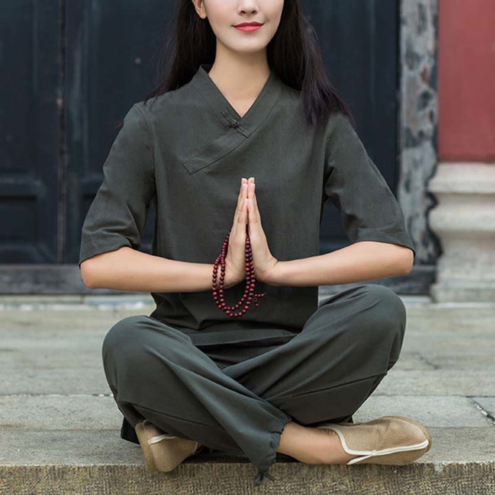 Buddha Stones 2 uds media manga cuello en V camisa Top pantalones meditación Zen Tai Chi ropa de lino conjunto de mujer - Gris (Top y pantalones) - US8-10，UK/AU12-14，EU40-42 (2XL) - image 17