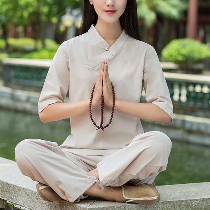 Buddha Stones 2 uds media manga cuello en V camisa Top pantalones meditación Zen Tai Chi ropa de lino conjunto de mujer - Caqui (camiseta y pantalón) - US8-10，UK/AU12-14，EU40-42 (2XL) - image 0