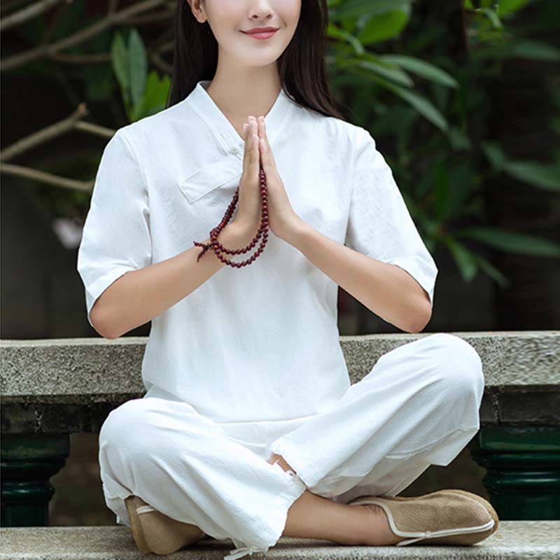Buddha Stones 2 uds media manga cuello en V camisa Top pantalones meditación Zen Tai Chi ropa de lino conjunto de mujer - Blanco (Top y pantalón) - US8-10，UK/AU12-14，EU40-42 (2XL) - image 3