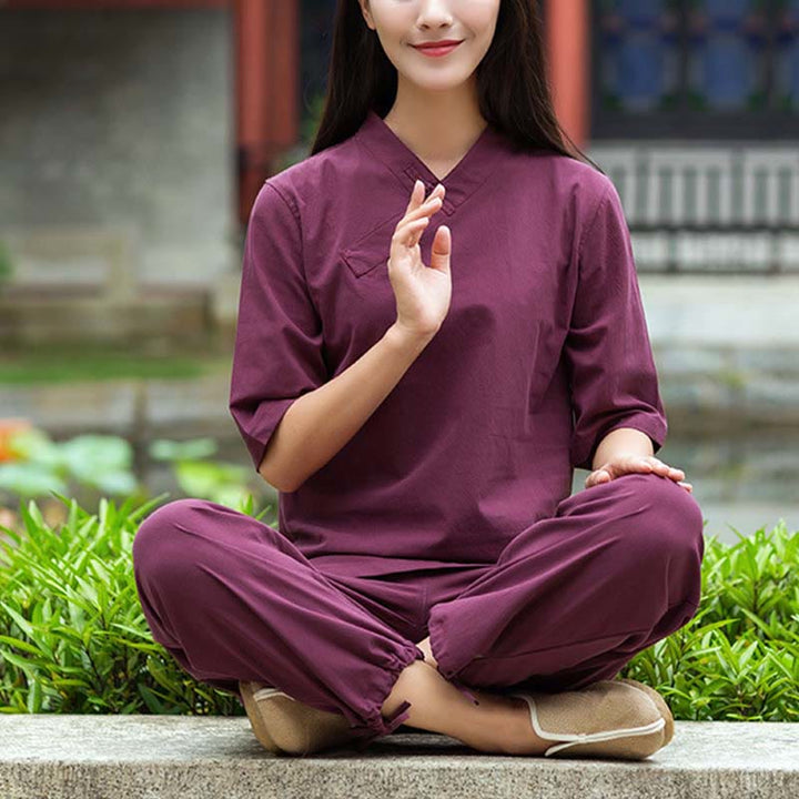 Buddha Stones 2 uds media manga cuello en V camisa Top pantalones meditación Zen Tai Chi ropa de lino conjunto de mujer - Borgoña (Top y pantalones) - US8-10，UK/AU12-14，EU40-42 (2XL) - image 12