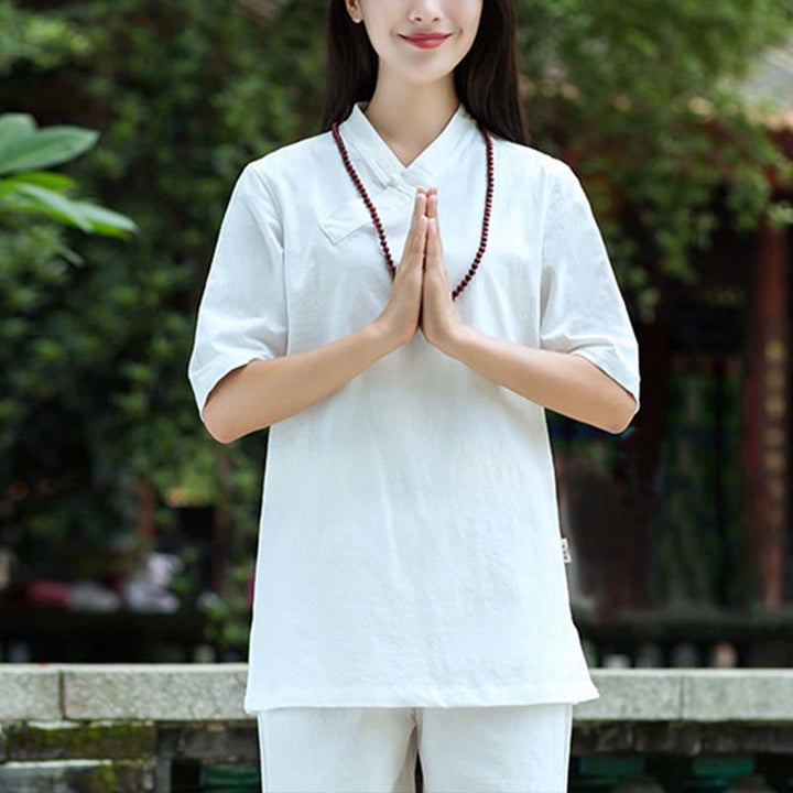 Buddha Stones 2 uds media manga cuello en V camisa Top pantalones meditación Zen Tai Chi ropa de lino conjunto de mujer - image 4