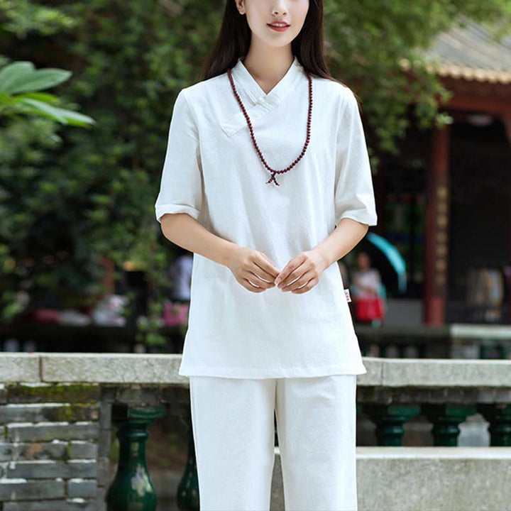 Buddha Stones 2 uds media manga cuello en V camisa Top pantalones meditación Zen Tai Chi ropa de lino conjunto de mujer - image 5