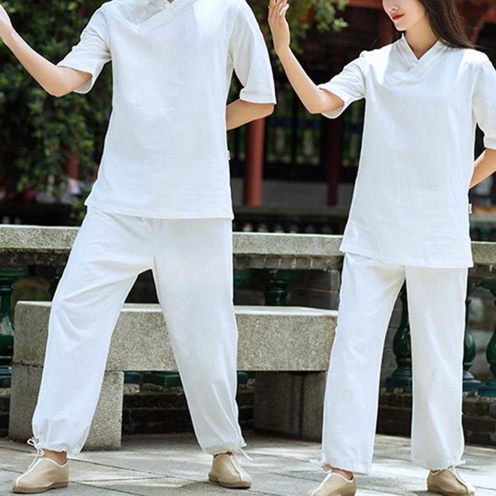 Buddha Stones 2 uds media manga cuello en V camisa Top pantalones meditación Zen Tai Chi ropa de lino conjunto de mujer - image 8