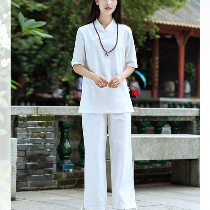 Buddha Stones 2 uds media manga cuello en V camisa Top pantalones meditación Zen Tai Chi ropa de lino conjunto de mujer - image 7