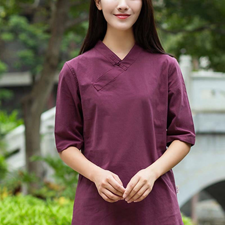 Buddha Stones 2 uds media manga cuello en V camisa Top pantalones meditación Zen Tai Chi ropa de lino conjunto de mujer - image 13