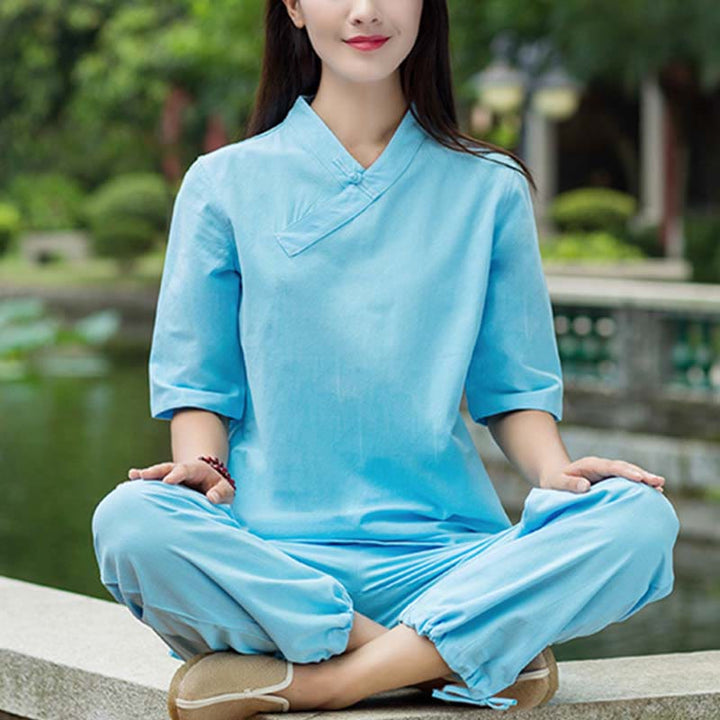 Buddha Stones 2 uds media manga cuello en V camisa Top pantalones meditación Zen Tai Chi ropa de lino conjunto de mujer - image 10