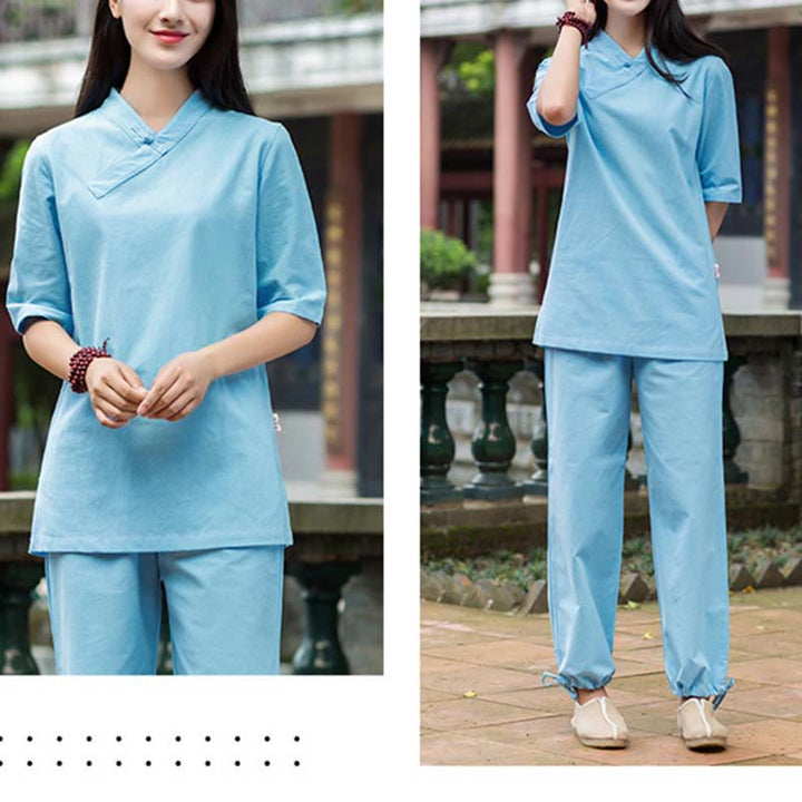 Buddha Stones 2 uds media manga cuello en V camisa Top pantalones meditación Zen Tai Chi ropa de lino conjunto de mujer - image 11