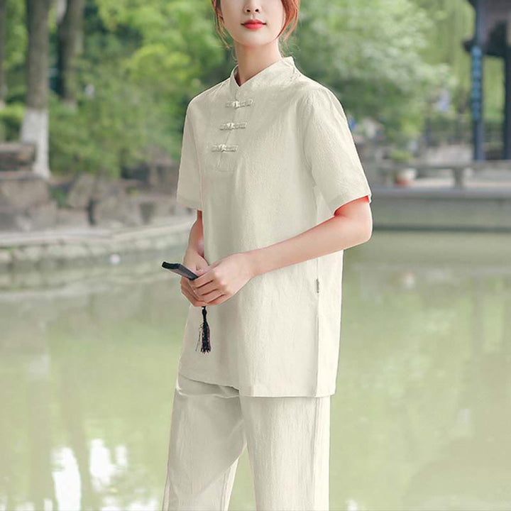 Buddha Stones - Conjunto de ropa de lino y algodón para mujer, 2 piezas, camiseta de manga corta, pantalones, meditación Zen Tai Chi - Beige (Top y pantalones) - US18, UK/AU22, EU50 (6XL) - image 6