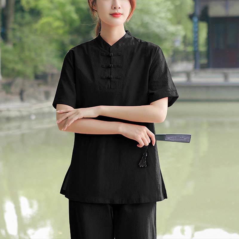Buddha Stones - Conjunto de ropa de lino y algodón para mujer, 2 piezas, camiseta de manga corta, pantalones, meditación Zen Tai Chi - Negro (Top y pantalones) - US18, UK/AU22, EU50 (6XL) - image 14