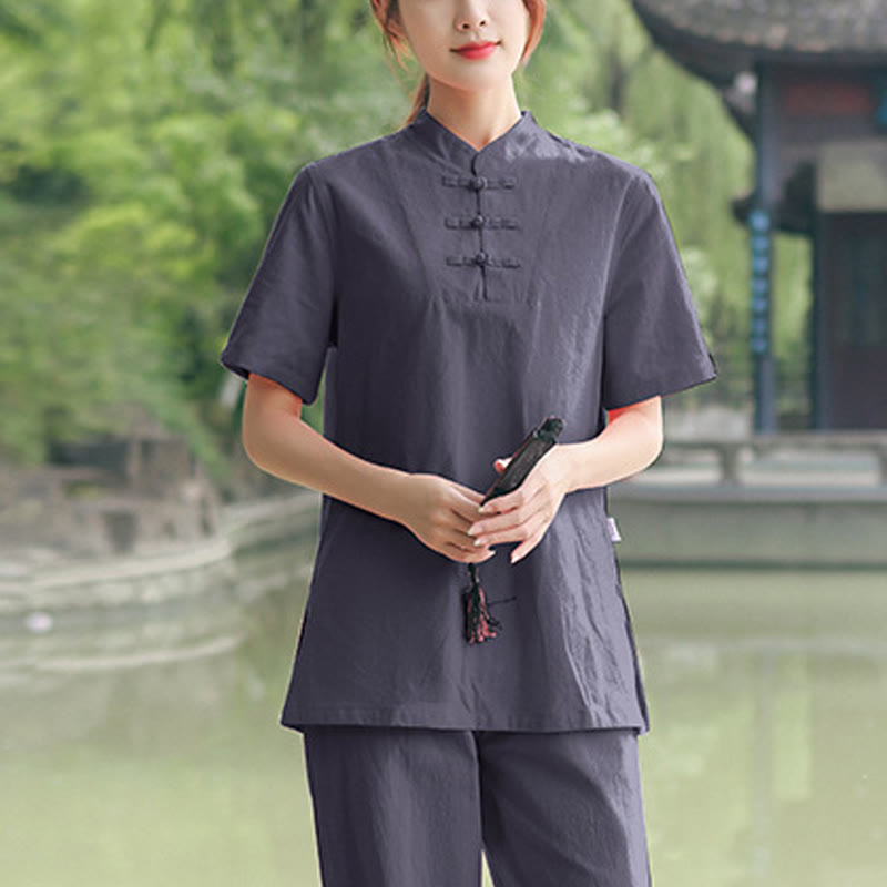 Conjunto de ropa de algodón y lino para mujer con Buddha Stones, 2 piezas: camiseta de manga corta y pantalón para meditación, estilo zen y tai chi. - Gris (Top y pantalón) - US18, UK/AU22, EU50 (6XL) - image 3