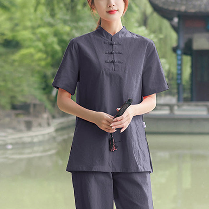 Conjunto de ropa de algodón y lino para mujer con Buddha Stones, 2 piezas: camiseta de manga corta y pantalón para meditación, estilo zen y tai chi. - Gris (Top y pantalón) - US18, UK/AU22, EU50 (6XL) - image 3