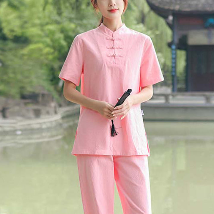 Buddha Stones - Conjunto de ropa de lino y algodón para mujer, 2 piezas, camiseta de manga corta, pantalones, meditación Zen Tai Chi - Rosa (Top y pantalones) - US18, UK/AU22, EU50 (6XL) - image 12