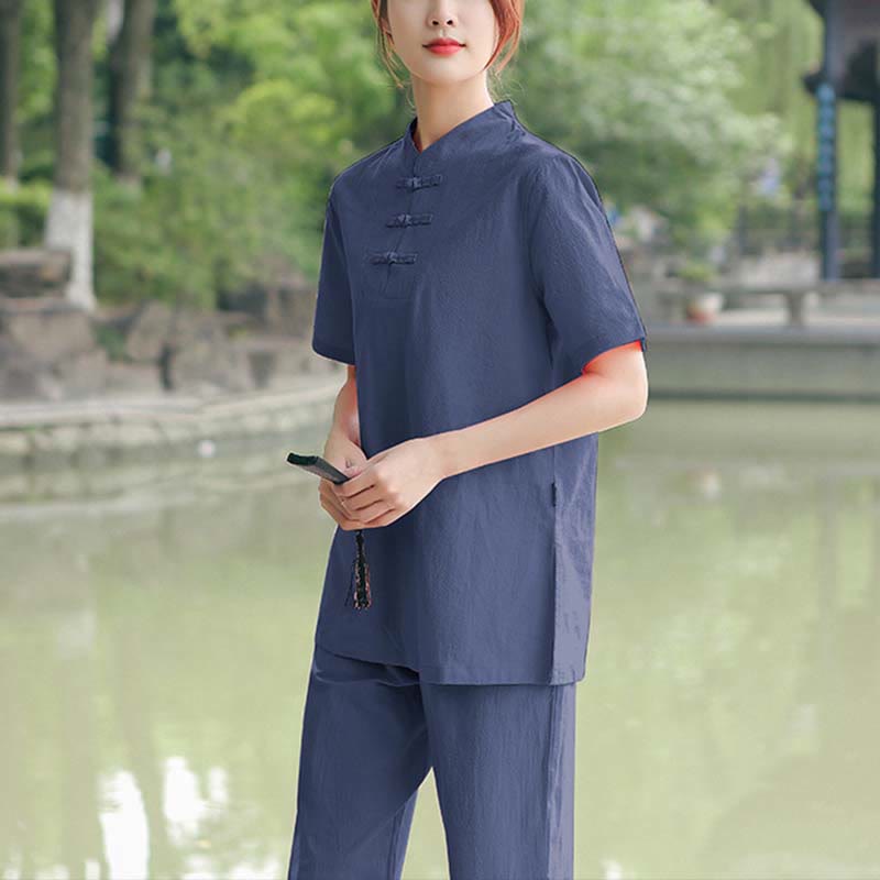 Buddha Stones - Conjunto de ropa de lino y algodón para mujer, 2 piezas, camiseta de manga corta, pantalones, meditación Zen Tai Chi - Azul oscuro (Top y pantalones) - US18, UK/AU22, EU50 (6XL) - image 10