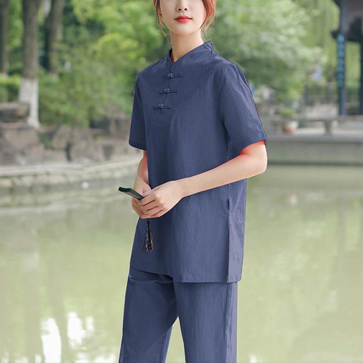 Buddha Stones - Conjunto de ropa de lino y algodón para mujer, 2 piezas, camiseta de manga corta, pantalones, meditación Zen Tai Chi - Azul oscuro (Top y pantalones) - US18, UK/AU22, EU50 (6XL) - image 10