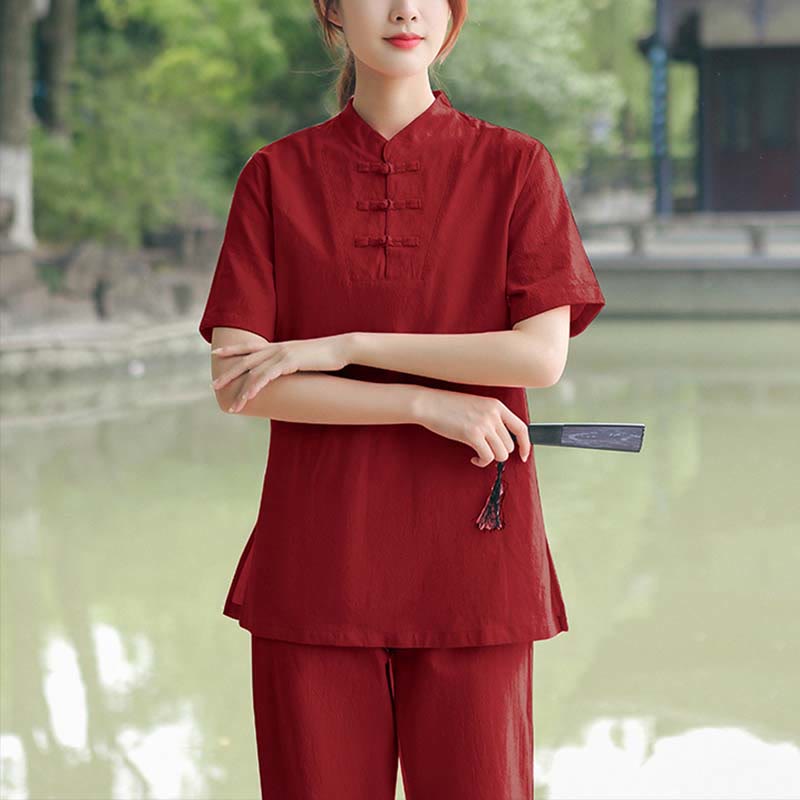 Conjunto de ropa de algodón y lino para mujer con Buddha Stones, 2 piezas: camiseta de manga corta y pantalón para meditación, estilo zen y tai chi. - Borgoña (Top y pantalón) - US18, UK/AU22, EU50 (6XL) - image 6
