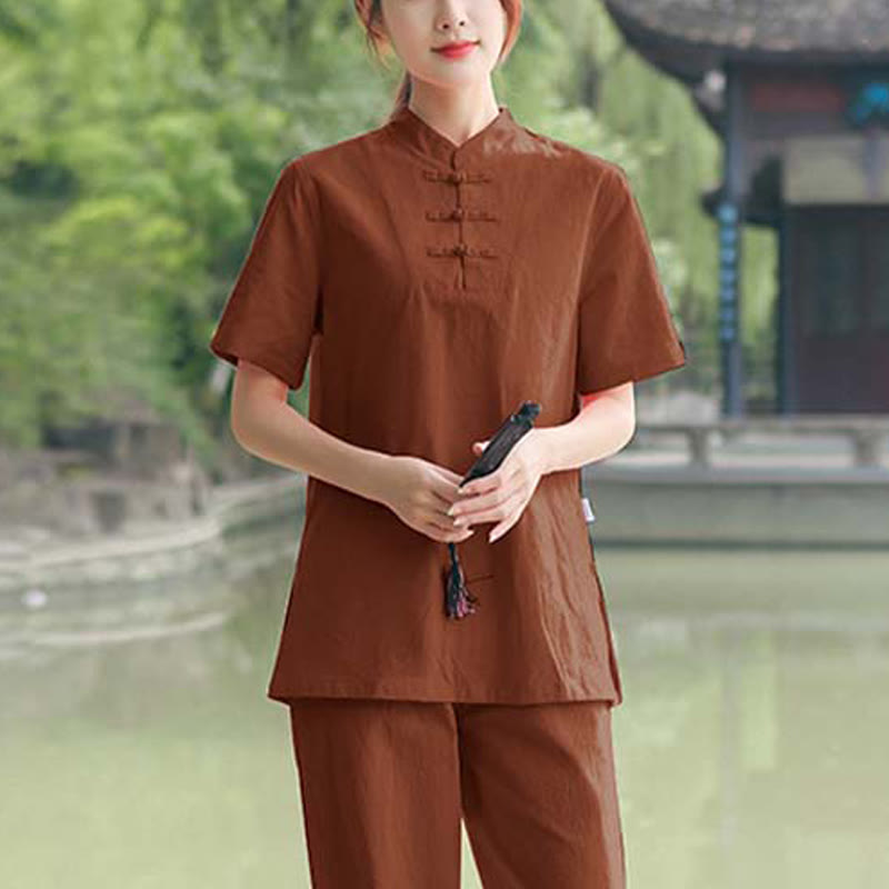 Conjunto de ropa de algodón y lino para mujer con Buddha Stones, 2 piezas: camiseta de manga corta y pantalón para meditación, estilo zen y tai chi. - Marrón (Top y pantalón) - US18, UK/AU22, EU50 (6XL) - image 9