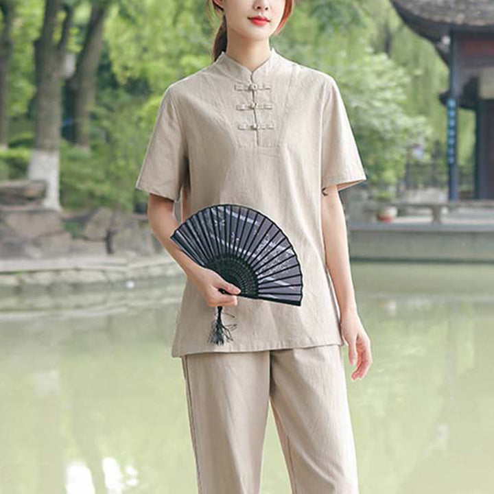 Buddha Stones - Conjunto de ropa de lino y algodón para mujer, 2 piezas, camiseta de manga corta, pantalones, meditación Zen Tai Chi - image 1