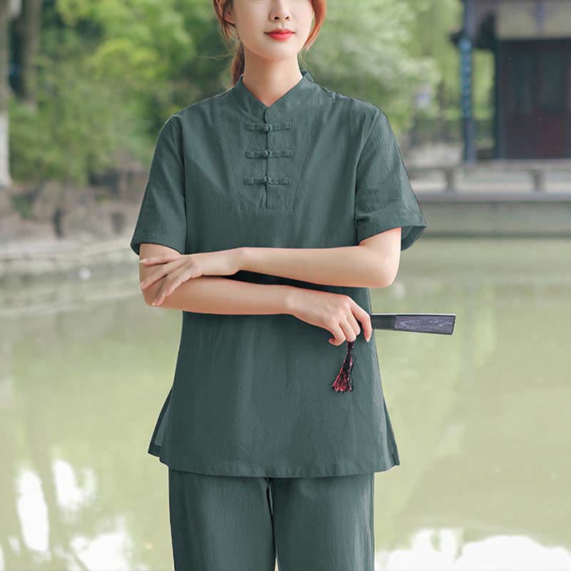 Buddha Stones - Conjunto de ropa de lino y algodón para mujer, 2 piezas, camiseta de manga corta, pantalones, meditación Zen Tai Chi - Verde oscuro (camiseta y pantalón) - US18, UK/AU22, EU50 (6XL) - image 13