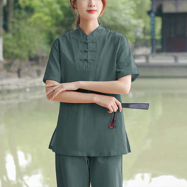Buddha Stones - Conjunto de ropa de lino y algodón para mujer, 2 piezas, camiseta de manga corta, pantalones, meditación Zen Tai Chi - Verde oscuro (camiseta y pantalón) - US18, UK/AU22, EU50 (6XL) - image 13
