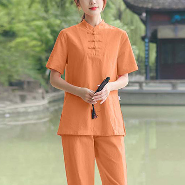 Conjunto de ropa de algodón y lino para mujer con Buddha Stones, 2 piezas: camiseta de manga corta y pantalón para meditación, estilo zen y tai chi. - Naranja (Top y pantalón) - US18, UK/AU22, EU50 (6XL) - image 5