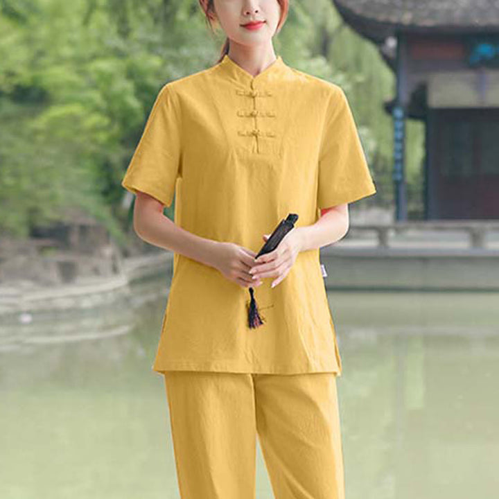 Buddha Stones - Conjunto de ropa de lino y algodón para mujer, 2 piezas, camiseta de manga corta, pantalones, meditación Zen Tai Chi - Amarillo (Top y pantalones) - US18, UK/AU22, EU50 (6XL) - image 9