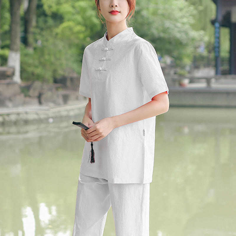 Buddha Stones - Conjunto de ropa de lino y algodón para mujer, 2 piezas, camiseta de manga corta, pantalones, meditación Zen Tai Chi - Blanco (Top y pantalones) - US18, UK/AU22, EU50 (6XL) - image 15