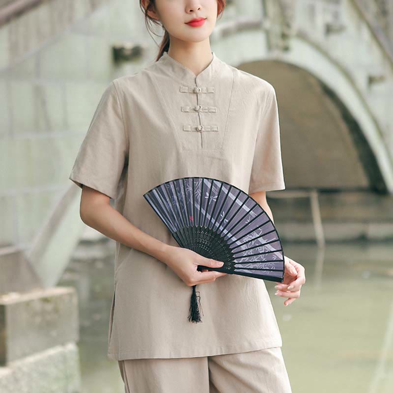 Buddha Stones - Conjunto de ropa de lino y algodón para mujer, 2 piezas, camiseta de manga corta, pantalones, meditación Zen Tai Chi - Caqui (Top y pantalones) - US18, UK/AU22, EU50 (6XL) - image 0