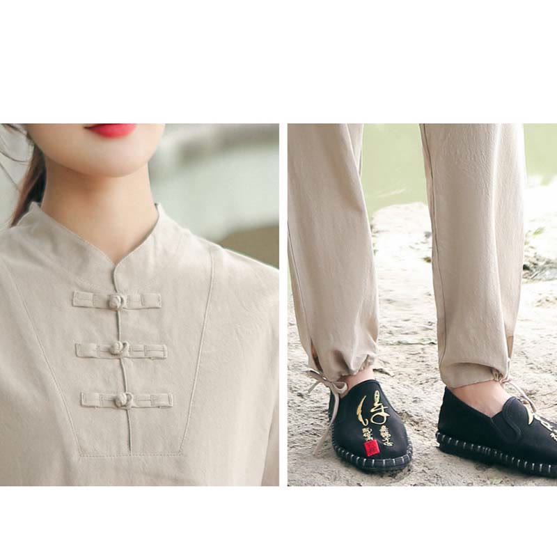 Conjunto de ropa de algodón y lino para mujer con Buddha Stones, 2 piezas: camiseta de manga corta y pantalón para meditación, estilo zen y tai chi. - image 2