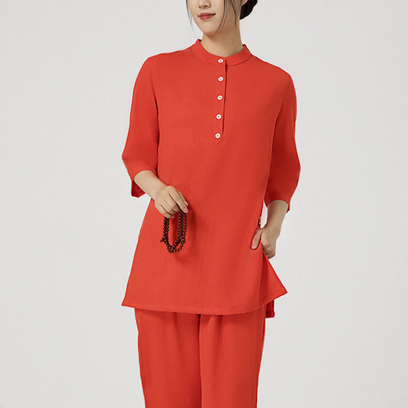 Conjunto de ropa de lino y algodón para mujer, camisa de tres cuartos de Color sólido, Top, pantalones, meditación Zen, Tai Chi, Buddha Stones.
