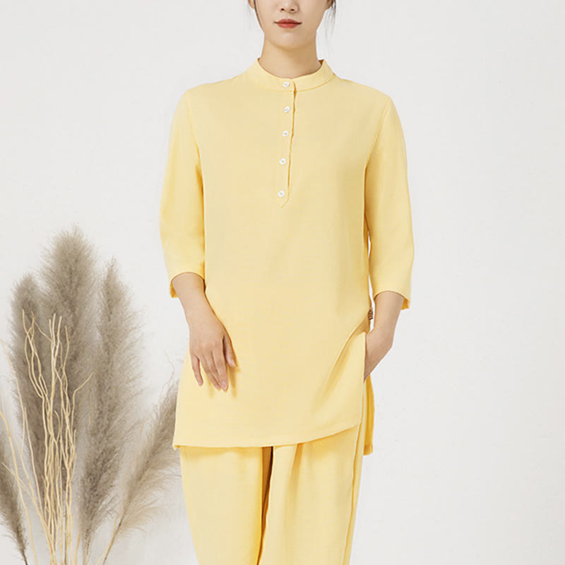 Conjunto de ropa de lino y algodón para mujer, camisa de tres cuartos de Color sólido, Top, pantalones, meditación Zen, Tai Chi, Buddha Stones.