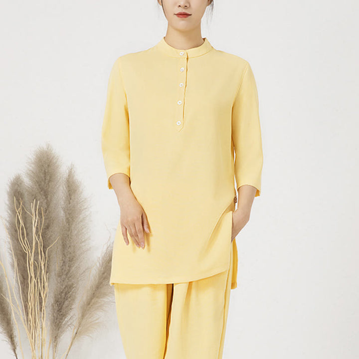 Conjunto de ropa de lino y algodón para mujer, camisa de tres cuartos de Color sólido, Top, pantalones, meditación Zen, Tai Chi, Buddha Stones.