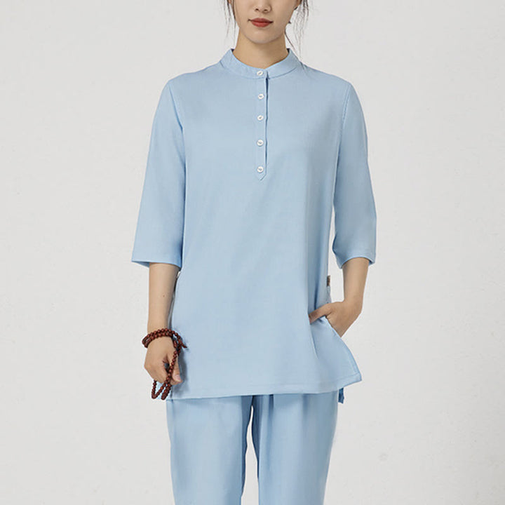 Conjunto de ropa de lino y algodón para mujer, camisa de tres cuartos de Color sólido, Top, pantalones, meditación Zen, Tai Chi, Buddha Stones.