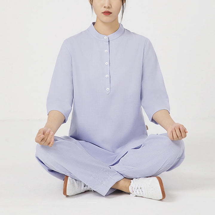 Conjunto de ropa de lino y algodón para mujer, camisa de tres cuartos de Color sólido, Top, pantalones, meditación Zen, Tai Chi, Buddha Stones.