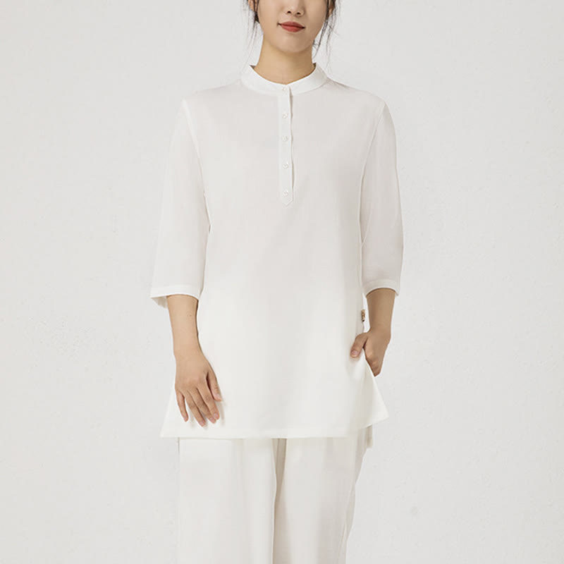 Conjunto de ropa de lino y algodón para mujer, camisa de tres cuartos de Color sólido, Top, pantalones, meditación Zen, Tai Chi, Buddha Stones.