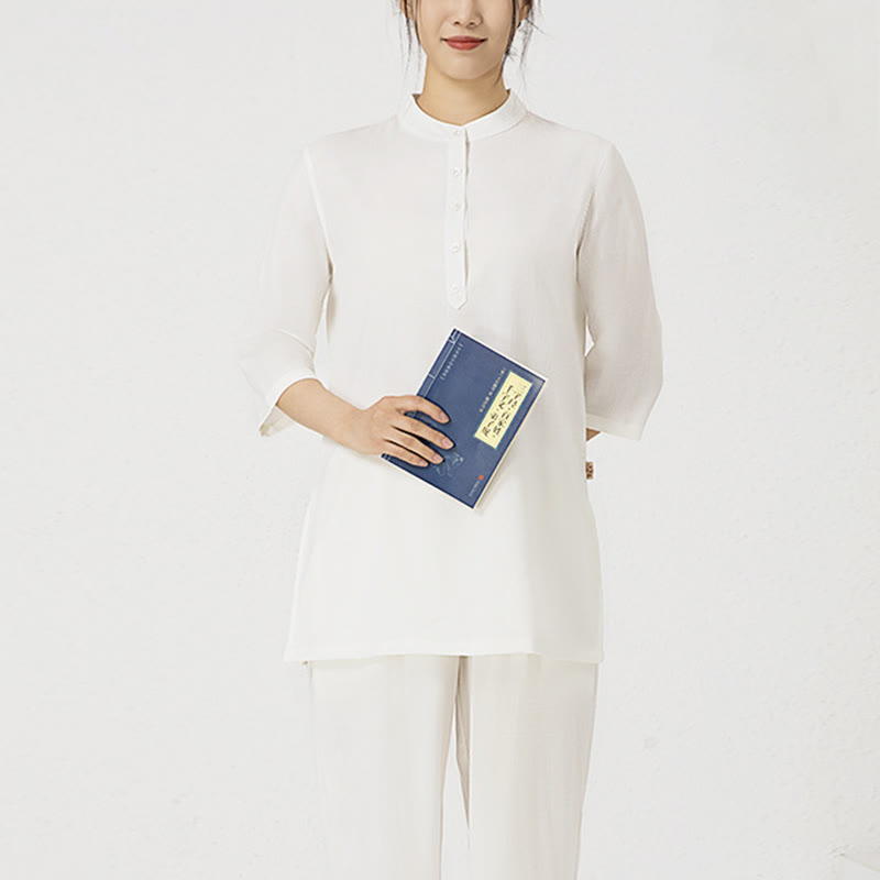 Conjunto de ropa de lino y algodón para mujer, camisa de tres cuartos de Color sólido, Top, pantalones, meditación Zen, Tai Chi, Buddha Stones.