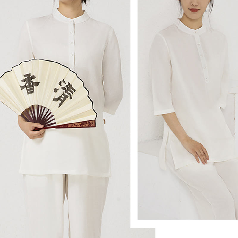 Conjunto de ropa de lino y algodón para mujer, camisa de tres cuartos de Color sólido, Top, pantalones, meditación Zen, Tai Chi, Buddha Stones.