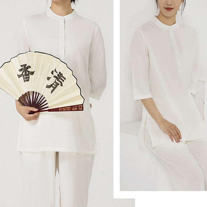 Conjunto de ropa de lino y algodón para mujer, camisa de tres cuartos de Color sólido, Top, pantalones, meditación Zen, Tai Chi, Buddha Stones.