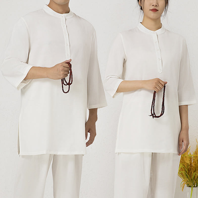 Conjunto de ropa de lino y algodón para mujer, camisa de tres cuartos de Color sólido, Top, pantalones, meditación Zen, Tai Chi, Buddha Stones.