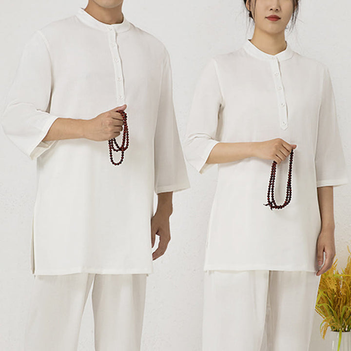 Conjunto de ropa de lino y algodón para mujer, camisa de tres cuartos de Color sólido, Top, pantalones, meditación Zen, Tai Chi, Buddha Stones.