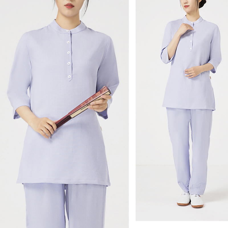 Conjunto de ropa de lino y algodón para mujer, camisa de tres cuartos de Color sólido, Top, pantalones, meditación Zen, Tai Chi, Buddha Stones.