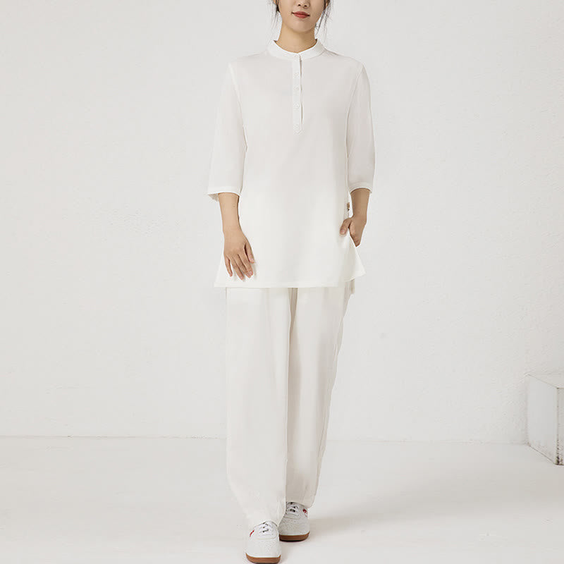 Conjunto de ropa de lino y algodón para mujer, camisa de tres cuartos de Color sólido, Top, pantalones, meditación Zen, Tai Chi, Buddha Stones.