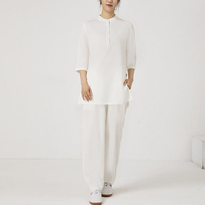 Conjunto de ropa de lino y algodón para mujer, camisa de tres cuartos de Color sólido, Top, pantalones, meditación Zen, Tai Chi, Buddha Stones.
