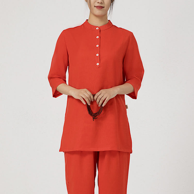 Conjunto de ropa de lino y algodón para mujer, camisa de tres cuartos de Color sólido, Top, pantalones, meditación Zen, Tai Chi, Buddha Stones.