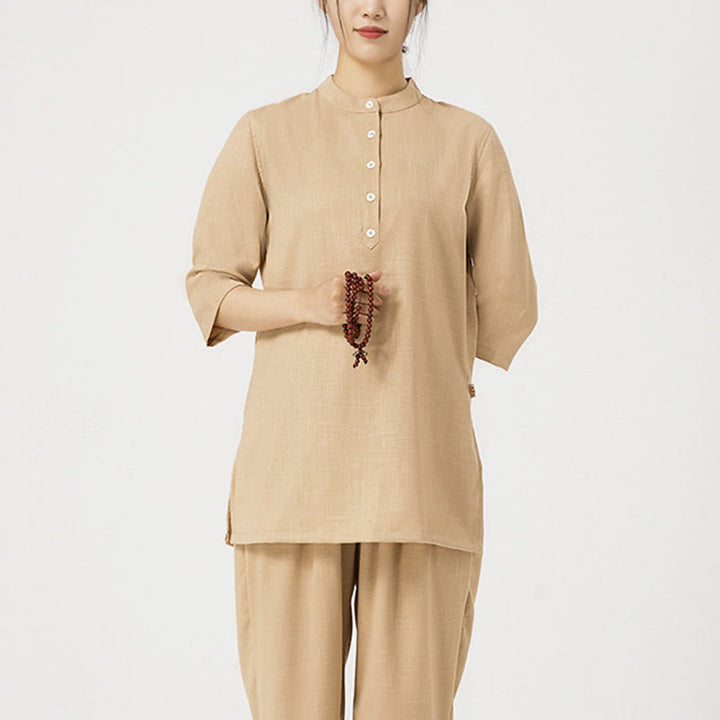 Conjunto de ropa de lino y algodón para mujer, camisa de tres cuartos de Color sólido, Top, pantalones, meditación Zen, Tai Chi, Buddha Stones.